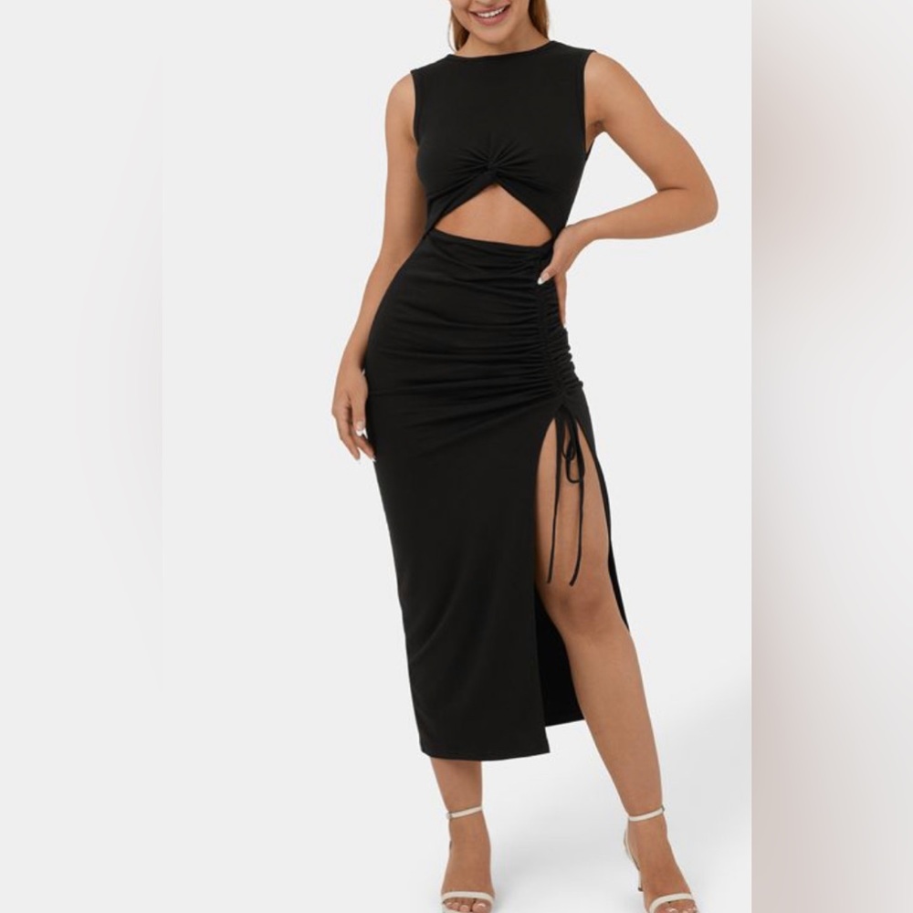 Halara Round Neck Twisted Cut Out Ruched Drawstring Bodycon Midi Dress M NWT